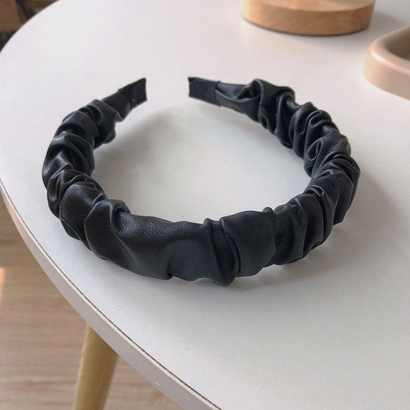 French High-end PU Leather Pleated Headband