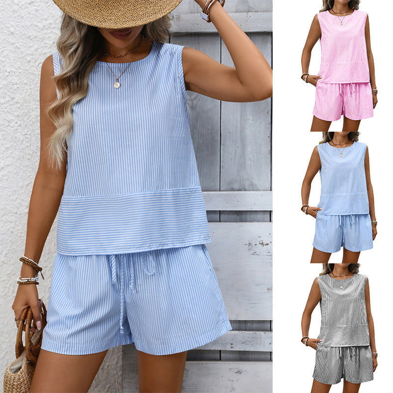 Womens Fashionable Casual Two-Piece Set Crew-Neck Sleeveless Tank Top And Shorts