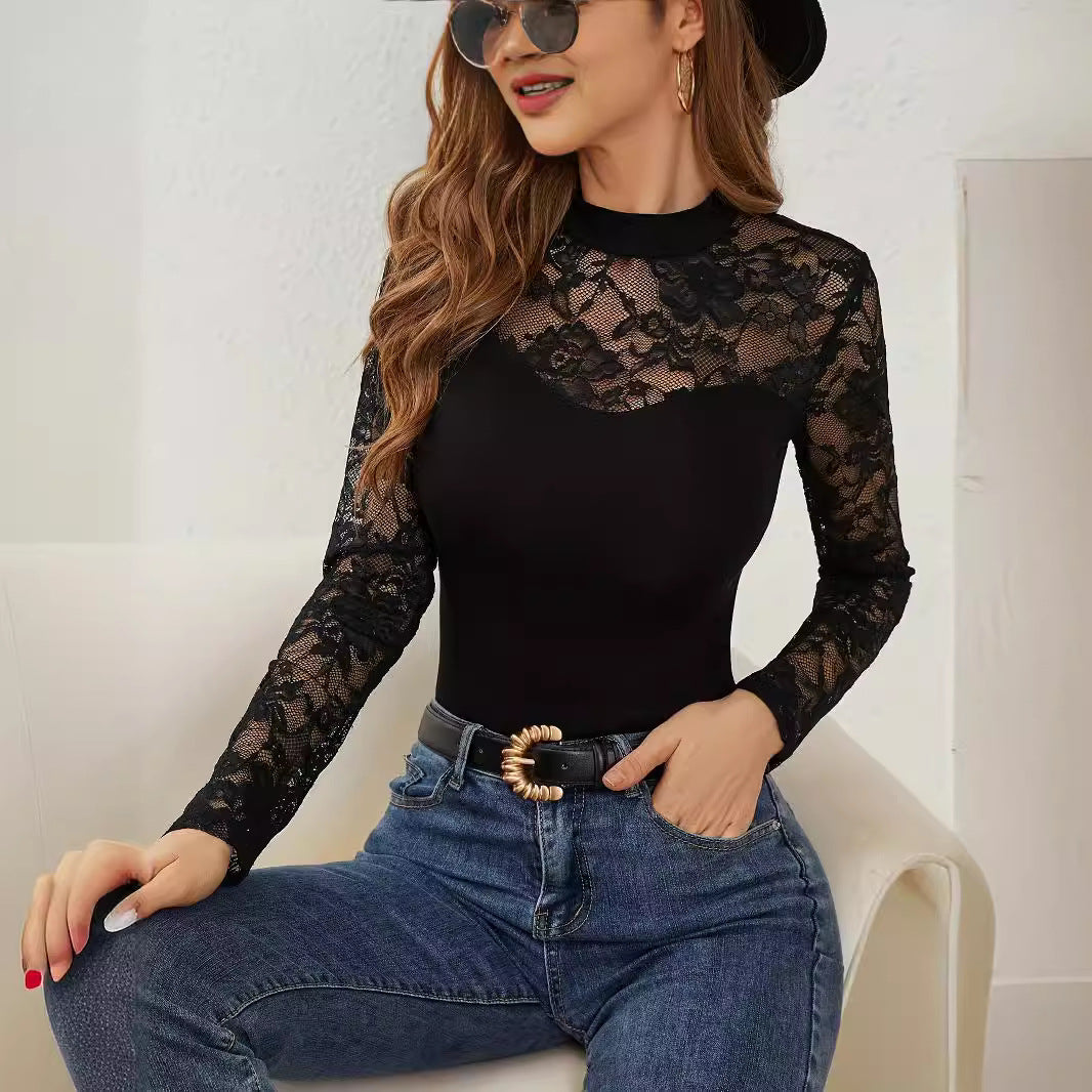 Fashion Lace Stitching Long-sleeved Small Stand Collar Pullover Base T-shirt