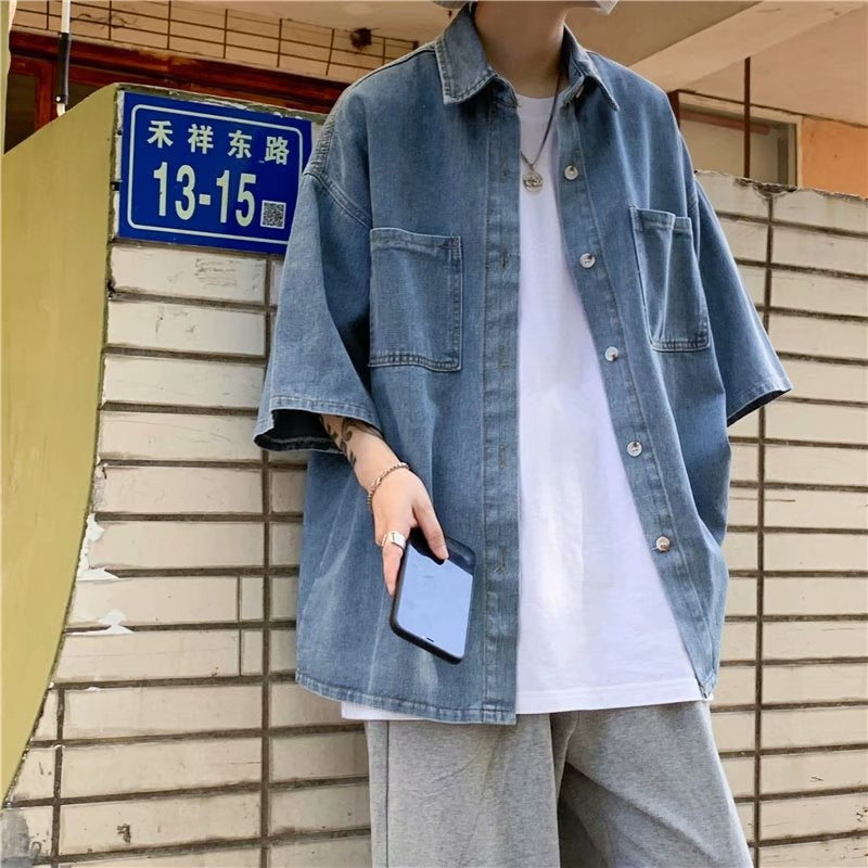 Denim Shirt Men's Short Sleeve Shirt Baggy Coat