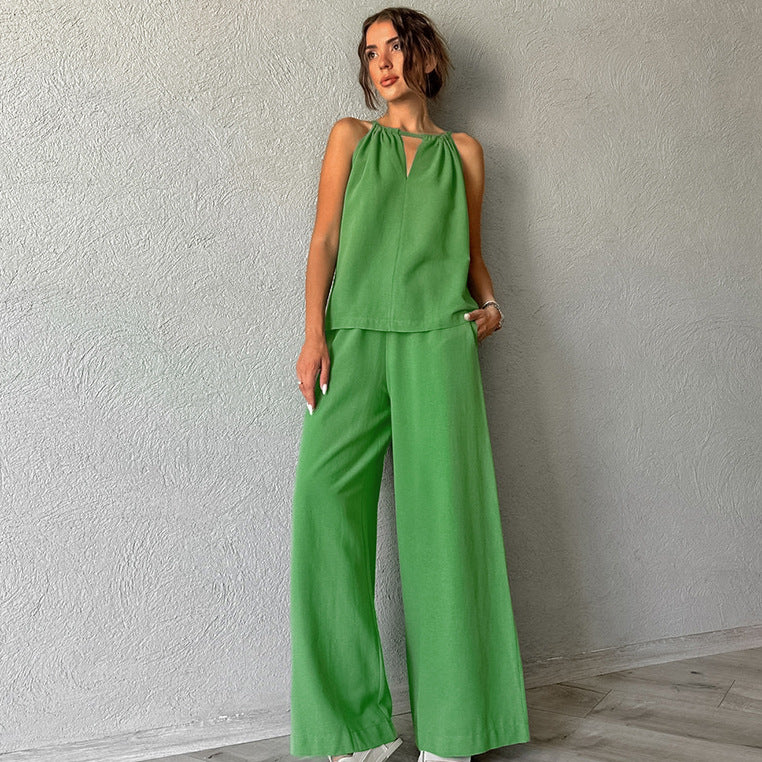 Khaki Cotton-Linen Hollowed-Out Lace-Up Sleeveless Halter Vest And Wide-Leg Pants Set