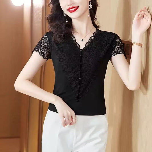 Lace Hollow-out Elegant Slimming Beading Lace Short-sleeved Top