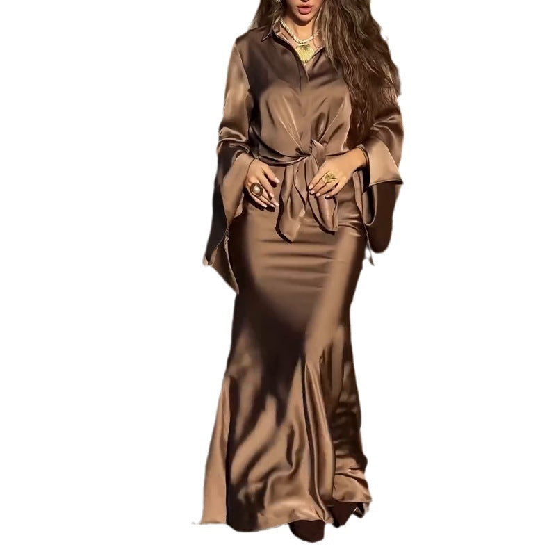 Notch-collar Satin Shirt With Flared Sleeves Paired With A Bodycon Skirt For Women