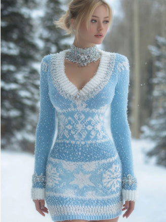 Ladies' Christmas Themed Snowman Snowflake Imitation Knitted Dress