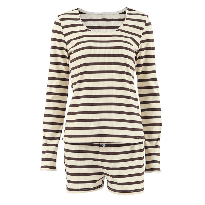 Striped Crew-Neck Long-Sleeve Shorts Knitted Pajama Set For Women