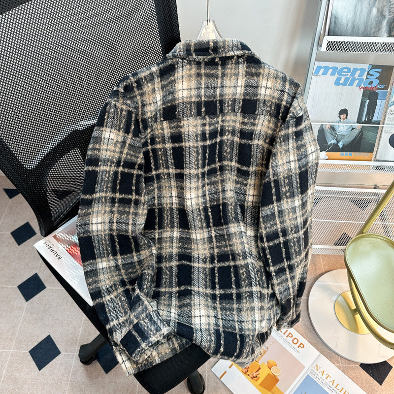 Plaid Tooling Woolen Button Shirt Jacket Men