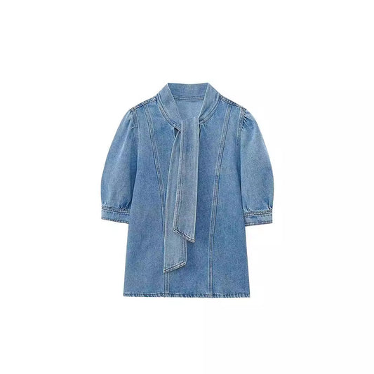 Bow-trimmed Denim Shirt Cape Dress Set