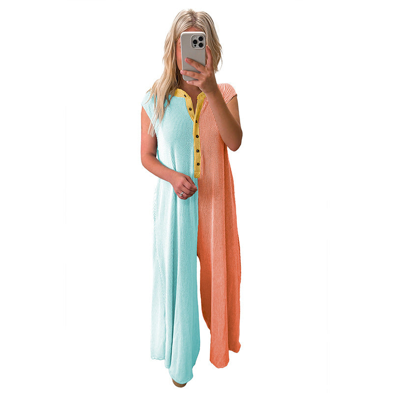 European And American Leisure Loose Color Matching Sleeveless Jumpsuit