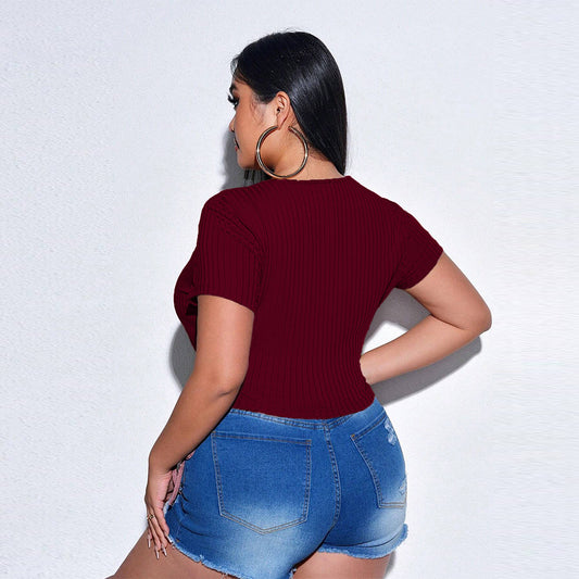 Sexy V-neck Slim-fit Short Sleeve Solid Color Knit T-shirt For Women