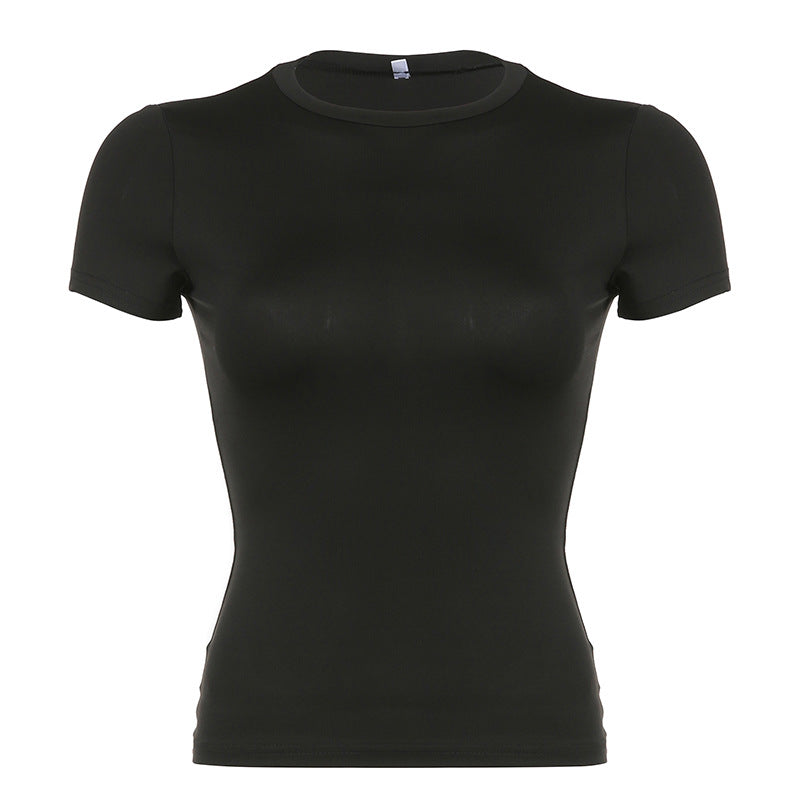 Minimalist Basic Pure Color Tight European And American Knitted Pullover Short Sleeve