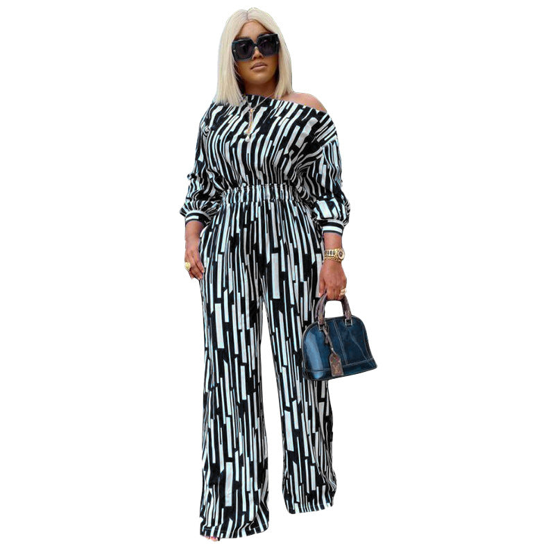 Printed Slant-Neckline Long-Sleeve Loose Casual Set