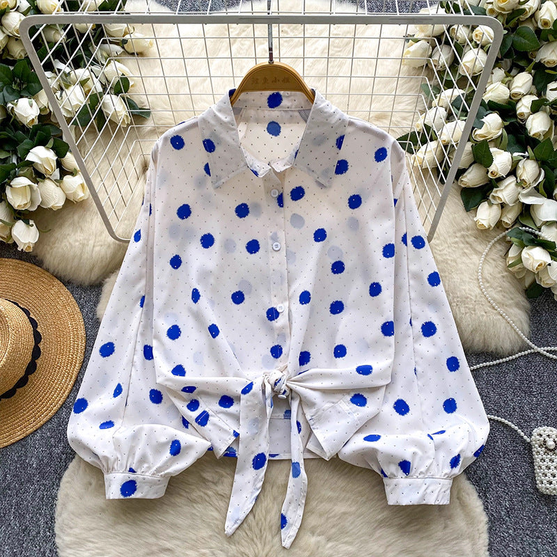 Tie-waist Lantern Sleeve Polka Dot Hot Drill Shirt