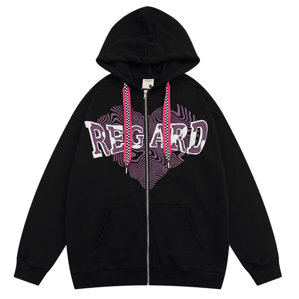 Heart Letter Print Niche Hooded Cardigan