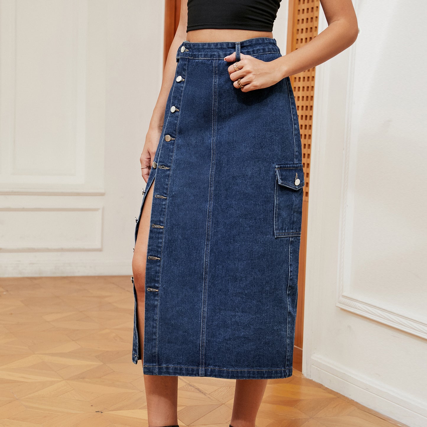 Europæiske og amerikanske hotte piger halv-elastisk denim-cargo-nederdel