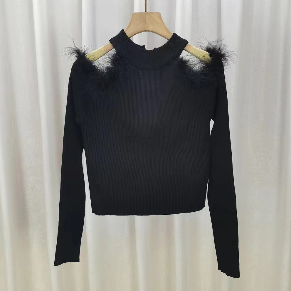 Women's Half-turtleneck Stitching Hollow Out Shoulder-baring Knitwear Top