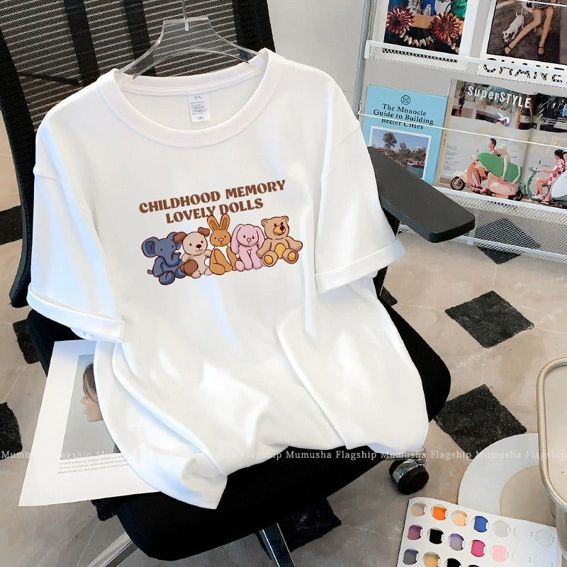 Kortærmet T-shirt i bomuld med tegneserieprint til kvinder