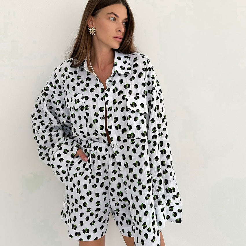 Cotton Printed Floral Cardigan Long-Sleeve Shorts Pajama Set