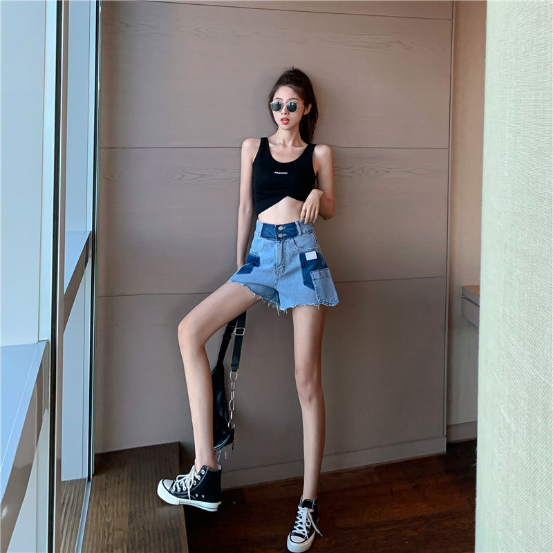 Reverse High Waist Raw Edge Contrast Loose Wide Leg Denim Shorts