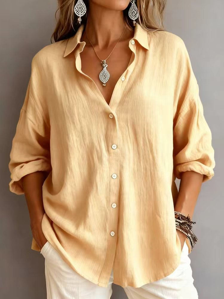 Fashionable Solid-color Long-sleeve Lapel Cardigan Shirt