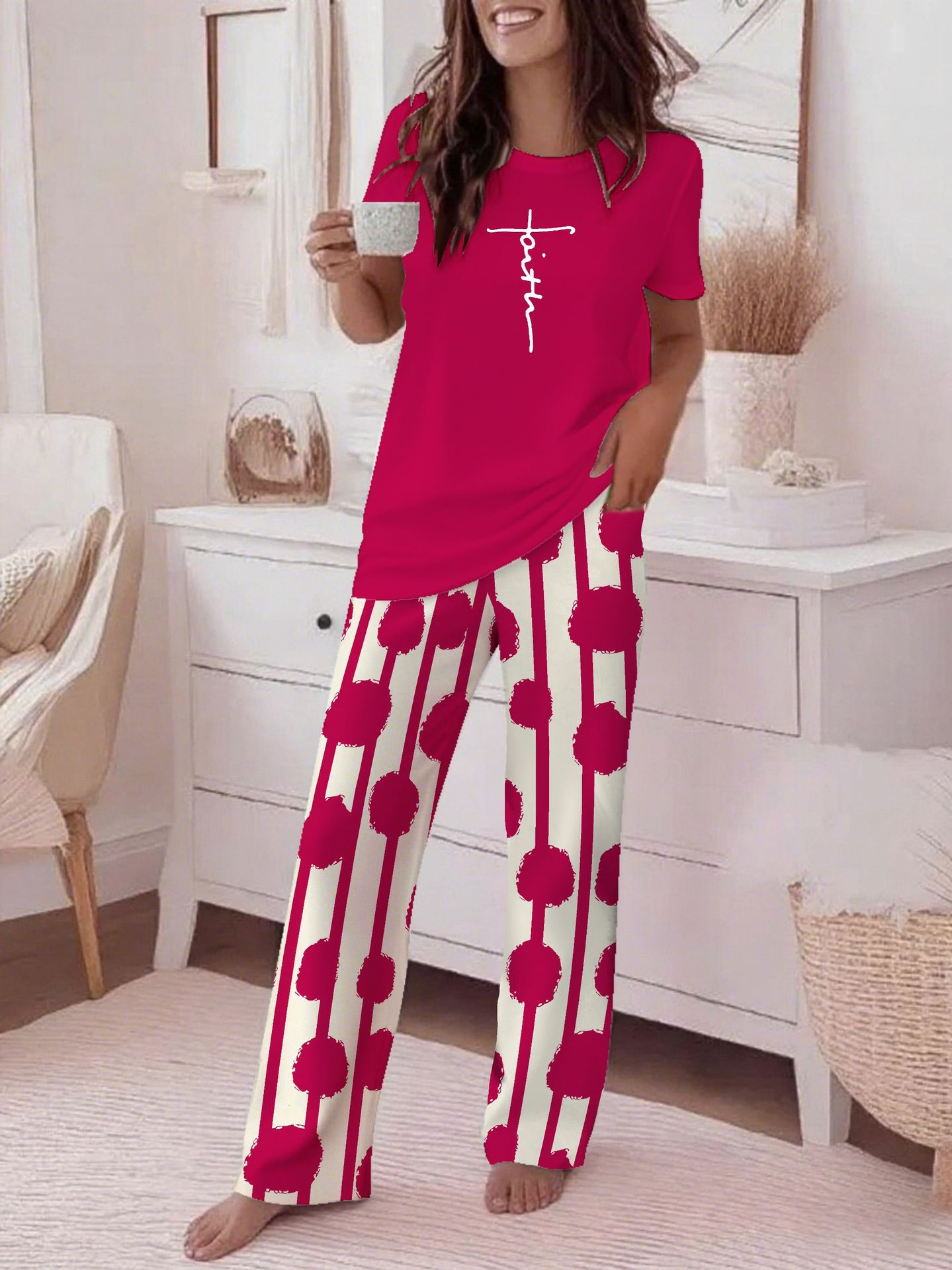 Crew-neck Short-sleeve Casual Striped Print Wide-leg Pants Two-piece Trouser Set