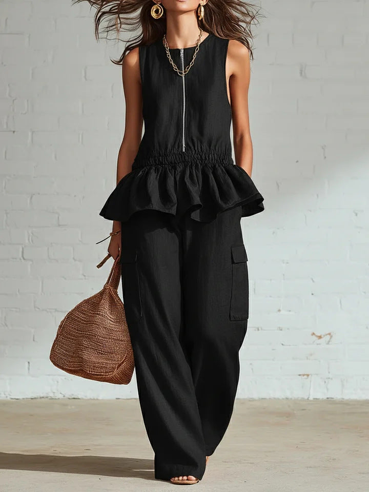 Summer Sleeveless Pleated Tank Top And Wide Leg Pants Set For Women