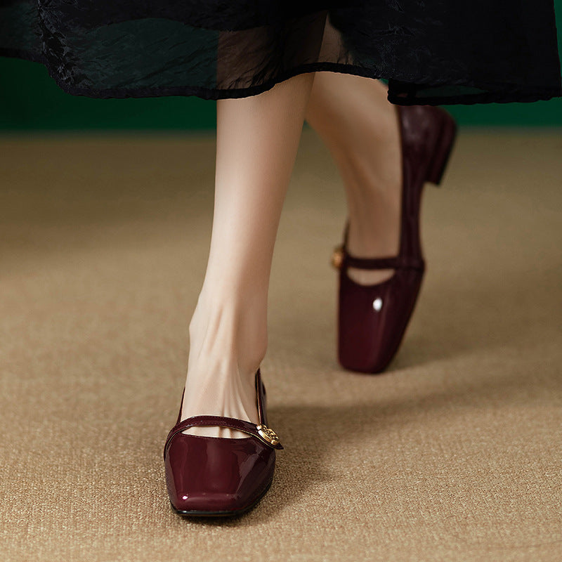 French Low Heel Camellia Women's All-matching Thick Heel Shoes