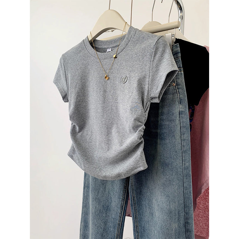 Short Sleeve T-shirt Female Gray Love Embroidery