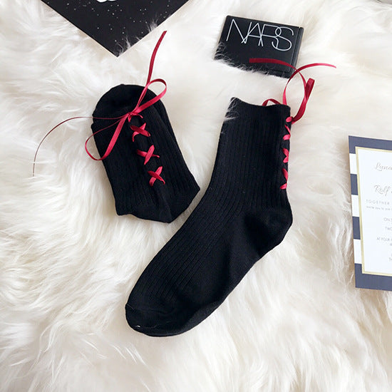 Ribbon Cross Strap Bow Vertical Pure Cotton Girl Student Lace-up Socks