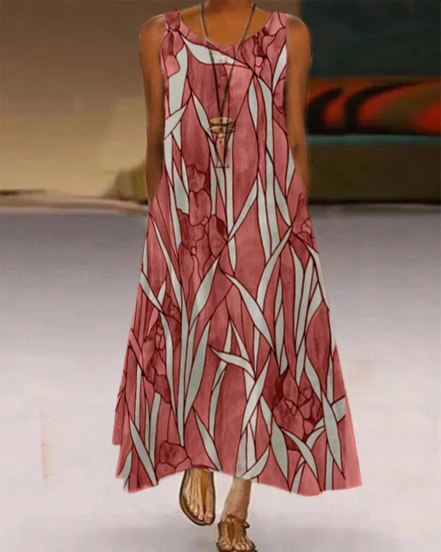 Women's Printed Pocket Round Neck Long Skirt