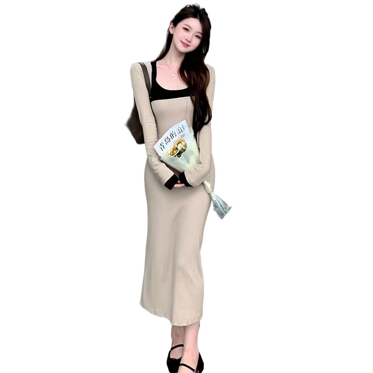 Autumn French-style Chic Color-Block Slip Dress Set