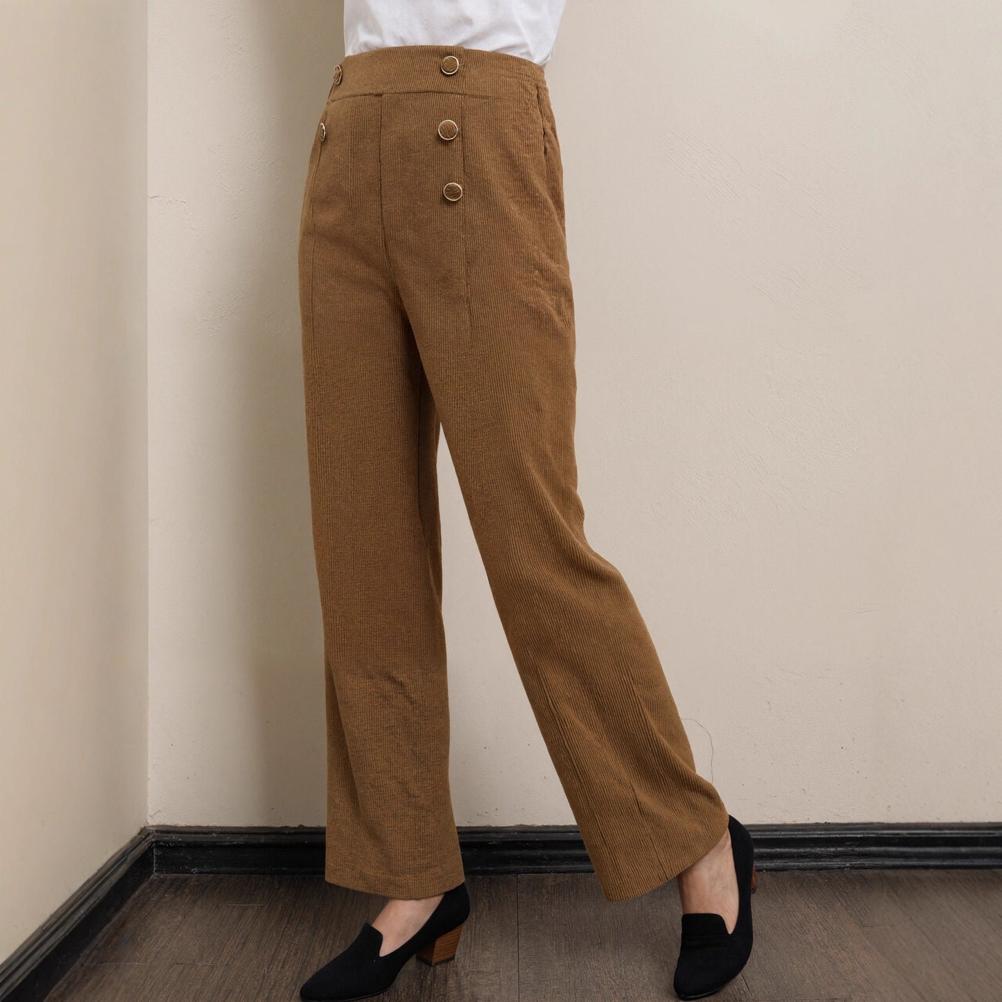 Women's Pit-stripe Buttoned Slim-fit Straight-leg Trousers