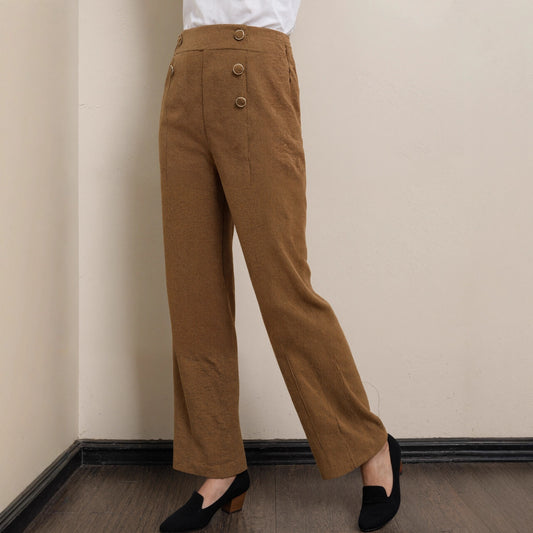 Women's Pit-stripe Buttoned Slim-fit Straight-leg Trousers