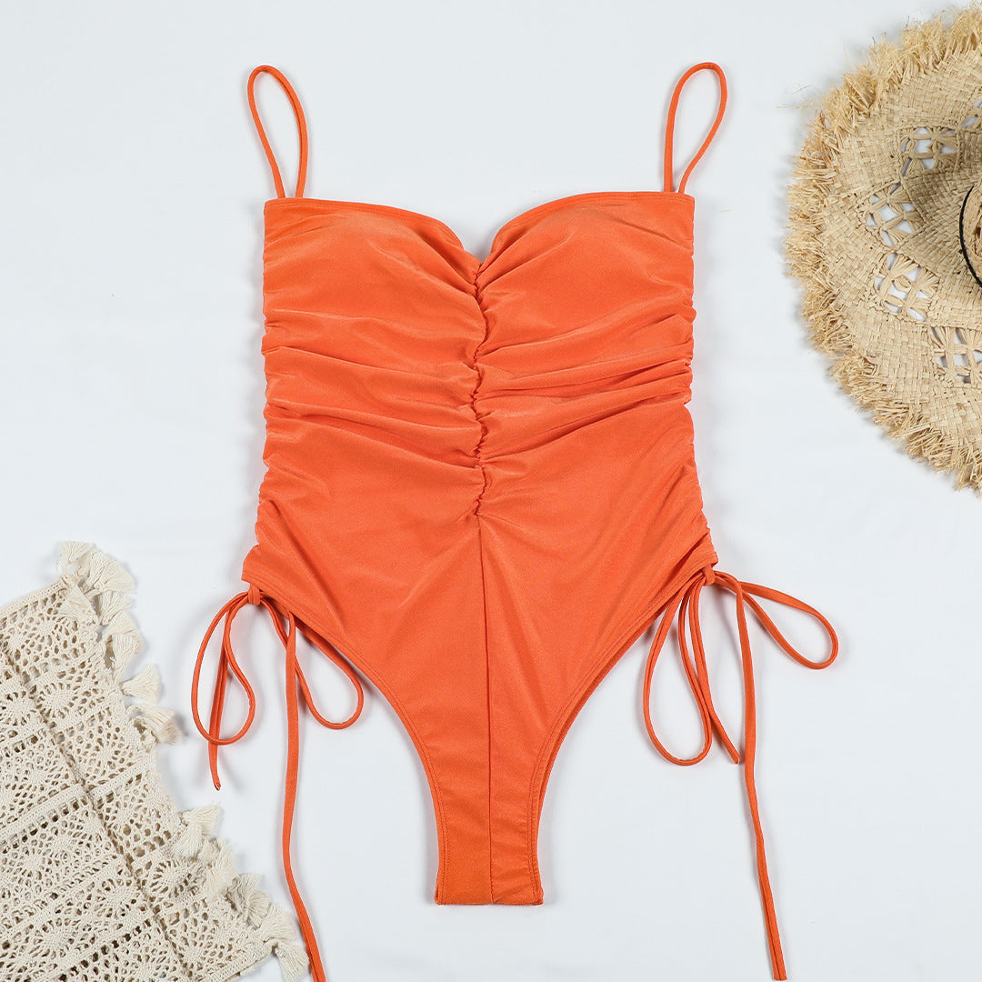 Women's Solid Color Pleated Drawstring One-piece Swimsuit