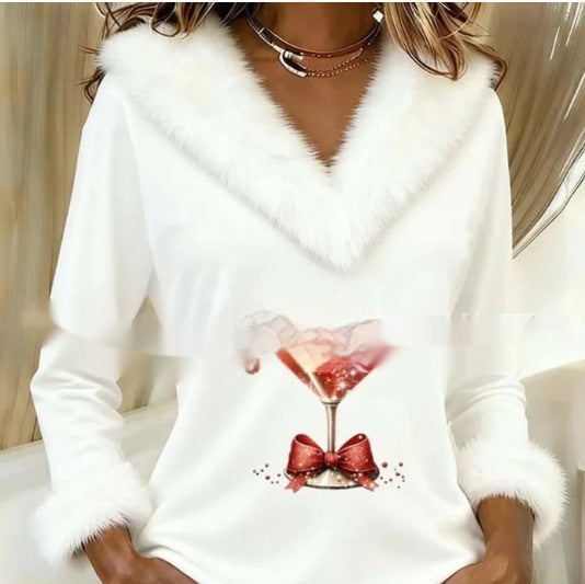 Dame-T-shirt med juleprint, pelskrave og V-udskæring