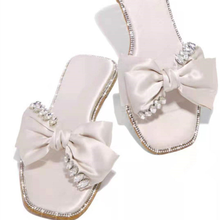 Flat Slippers With Big Rhinestone Bow
