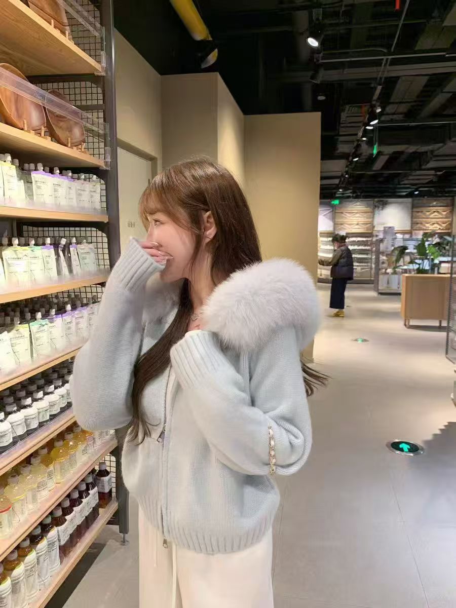 Vintage Knitted Cardigan Long Sleeve Fur Collar Coat