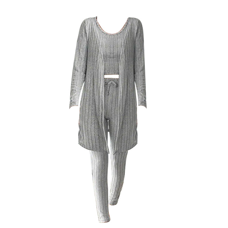 New Design Sense Round Neck Sunken Stripe Casual Solid Color Women's Three-piece Suit