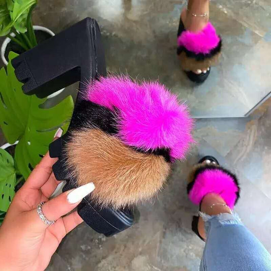Waterproof Platform High-heeled Sandals Women's Plus Size Color Plush Slippers