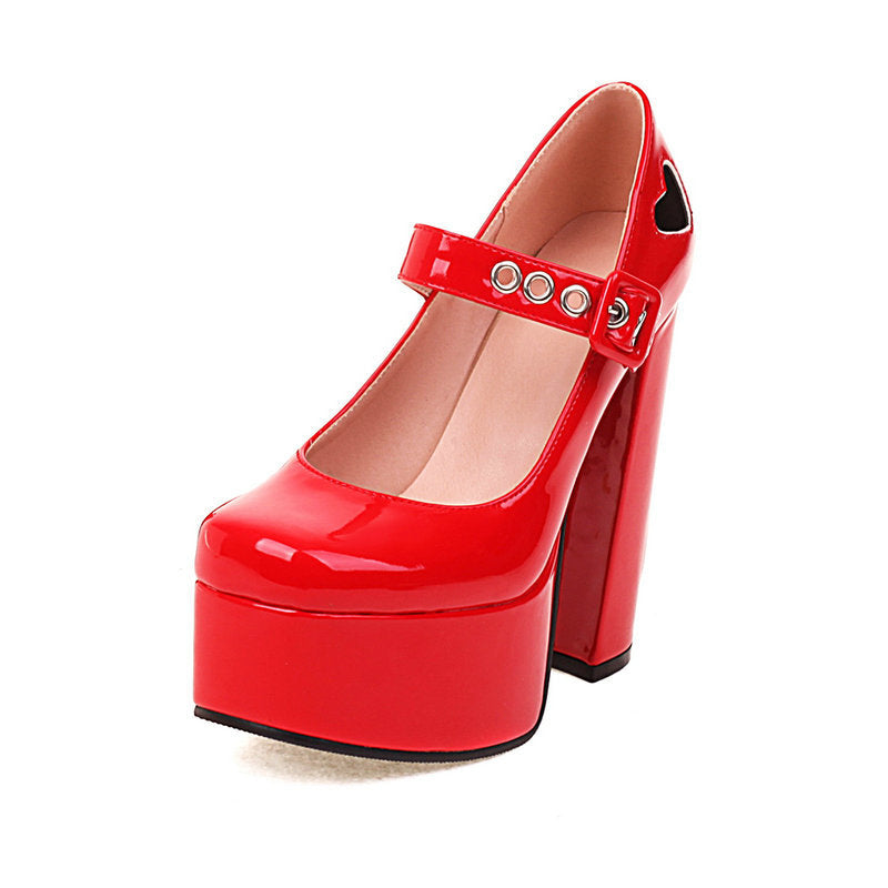 Patent Leather Heart Style Square Toe Thick-soled Chunky French High-heeled Shoes