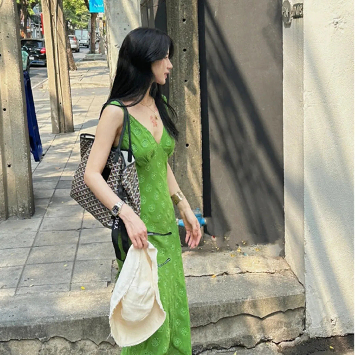 Summer New Vintage Niche Hollowed Waist-Cinching A-Line Skirt Short Dress