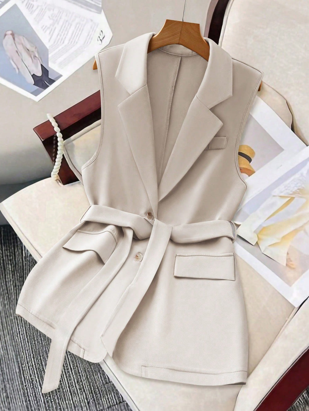 Spring New Arrival Womens Simple Solid-Color Belted Blazer Vest