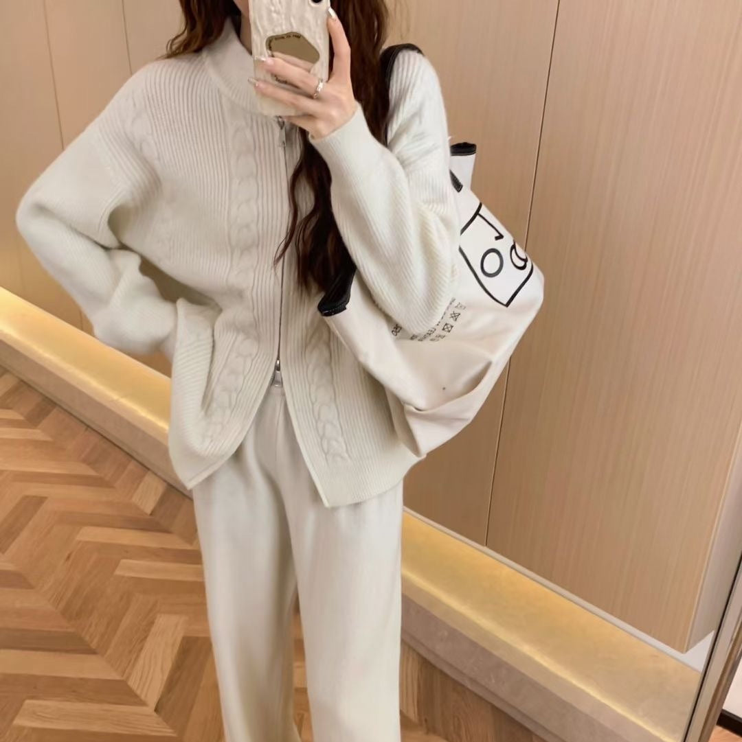 Double Zipper Sweater Set Women's Sweater Cardigan Coat Wide Leg Pants