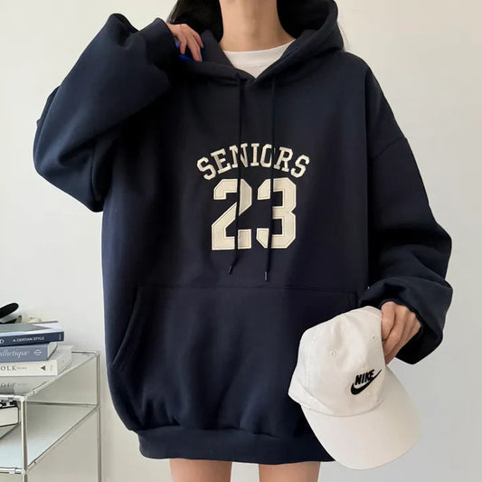 Hættetrøje med broderi til efterår og vinter, tynd fløjlsforet løs sweatshirt i afslappet stil