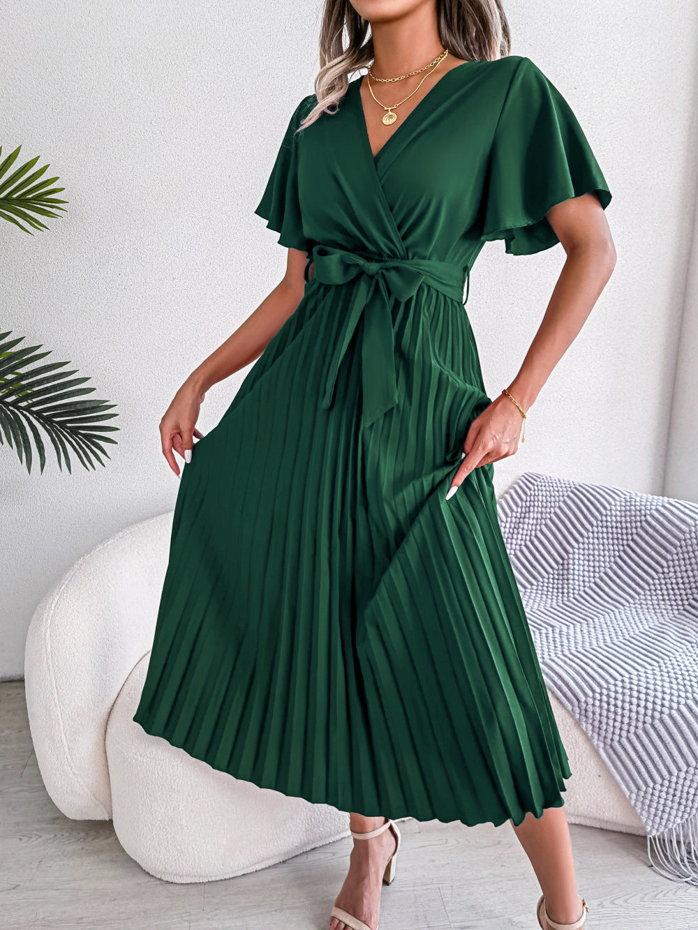 Women   Elegant Cross V Neck Flowy Pleated Maxi Dress
