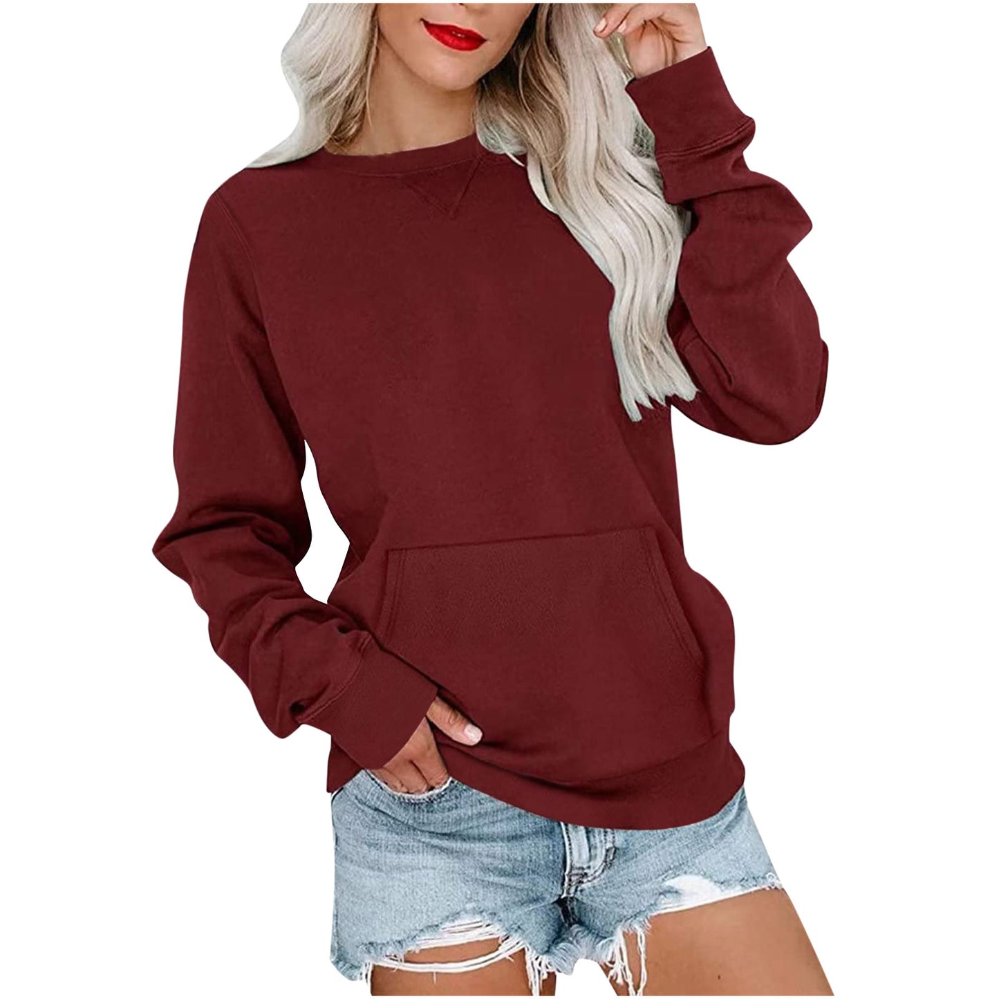 Ensfarvet pullover sweatshirt med lomme moderigtig løs rund hals langærmet top dametøj