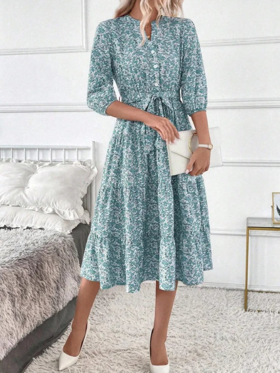 Women's Retro Mini Floral Pattern Print Long Sleeve Maxi Dress
