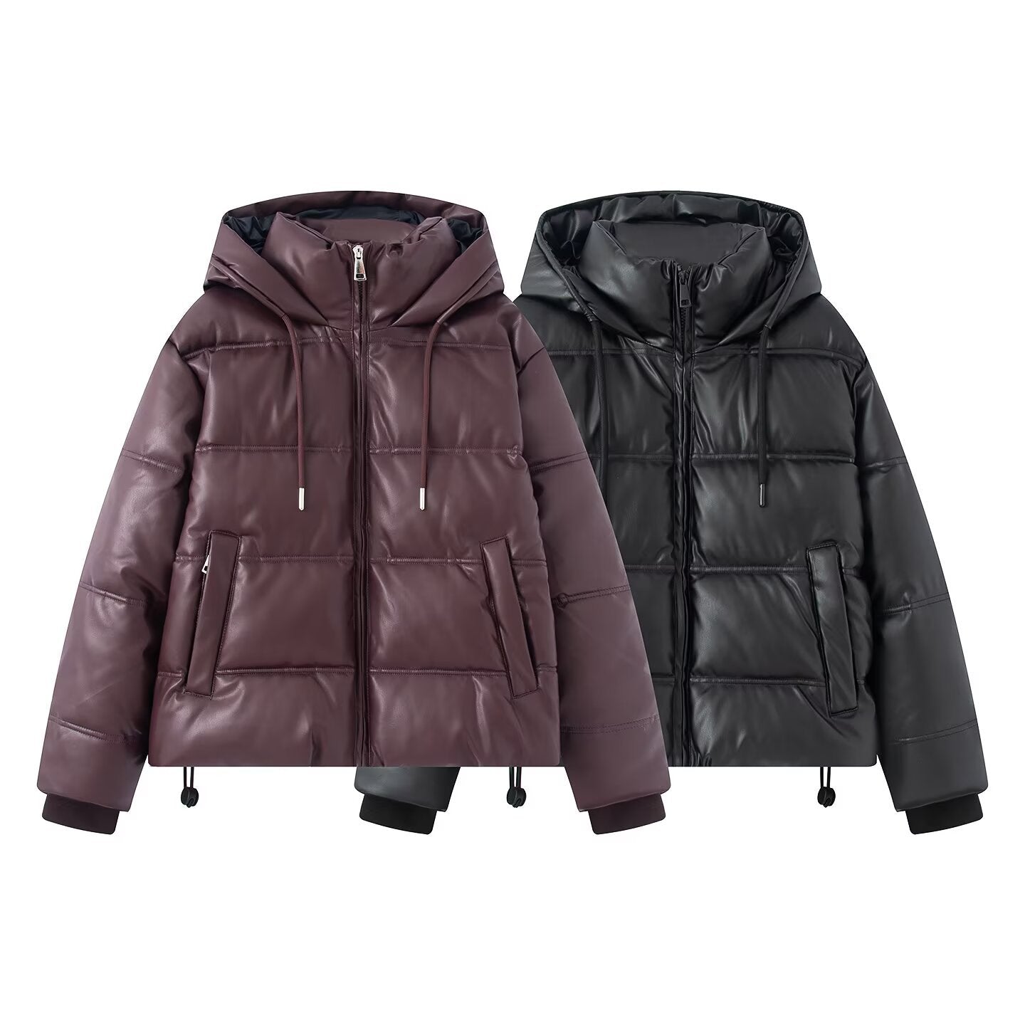 Thickened Warm Hooded Faux Leather Padded Cotton Coat For Women