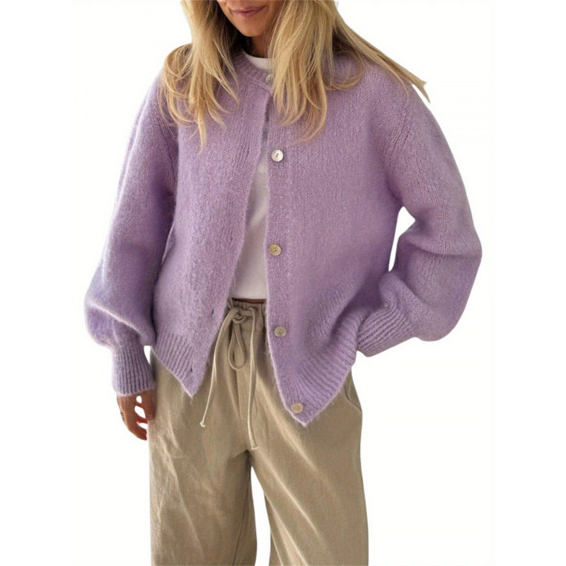 Women's Soft Light Purple Long Sleeve Hip Knitted Cardigan