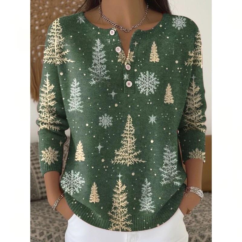 Retro Christmas 3D Digital Printing Four-button Stand Collar T-shirt
