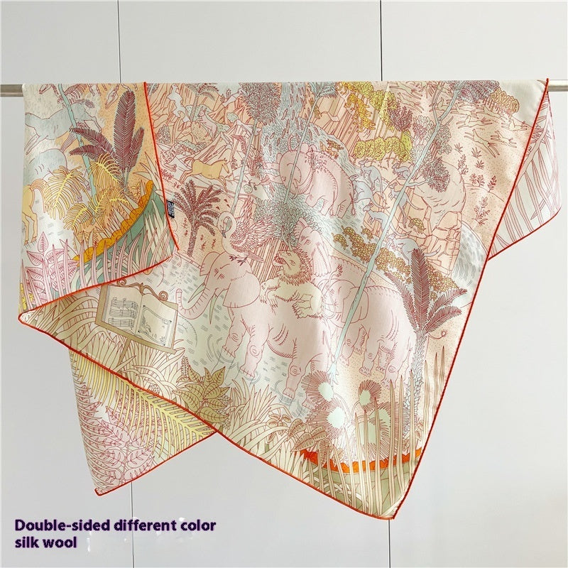 Tropical Rainforest FINSBURY Double-sided Different Color Silk Wool Large Kerchief
